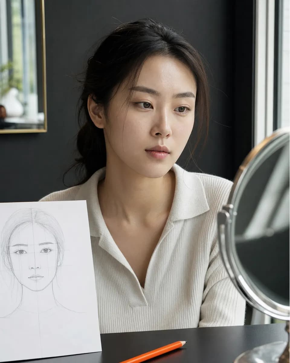 정면 얼굴과 비율 드로잉으로 눈썹의 전체 균형을 살펴보는 디자인 장면