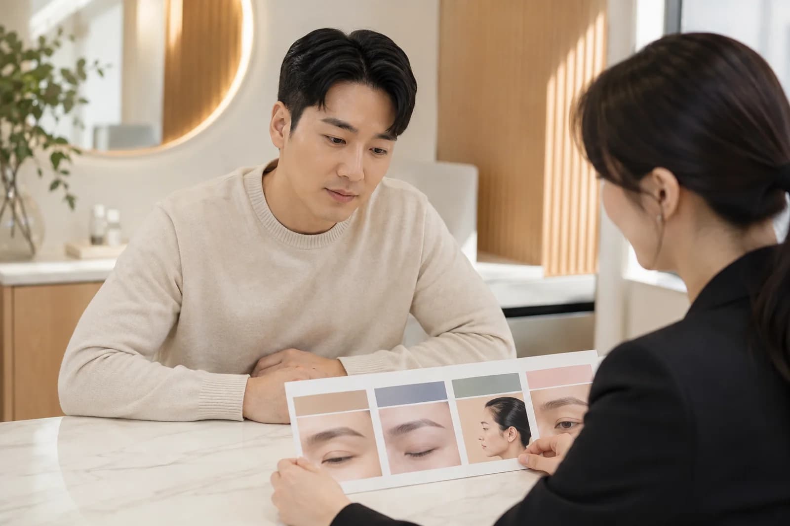 본래 털과 빈틈을 다섯 색 카드로 나눠 보는 한국 성인 남성의 상담 장면