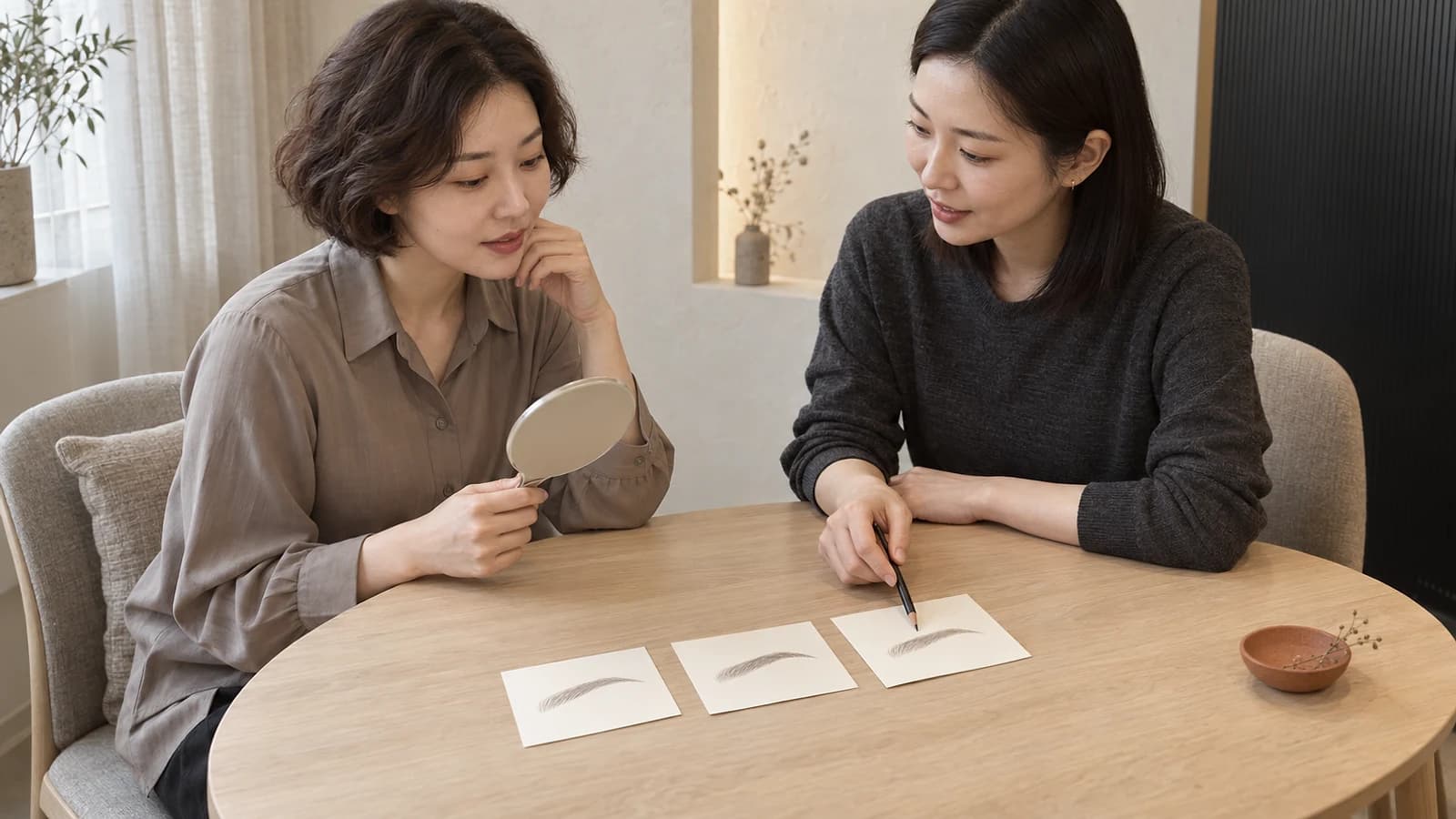 눈썹 스케치 카드 세 장을 함께 비교하는 한국 성인 고객과 상담자